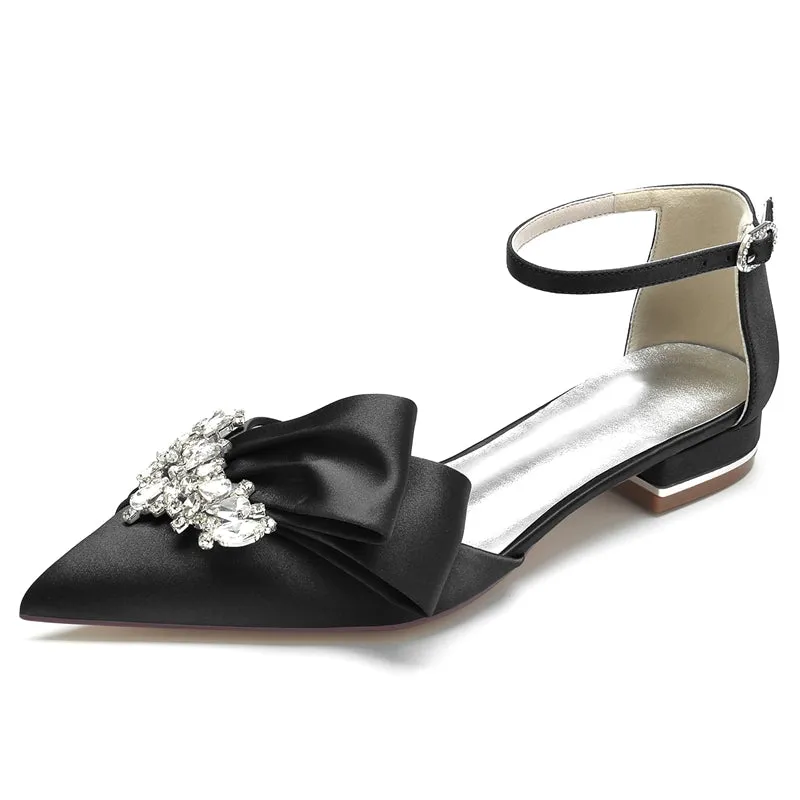 Women's Wedding Shoes Pointed Toe Flat Heel Buckle Elegant Bridal Shoes with Rhinestone & Ruffles
