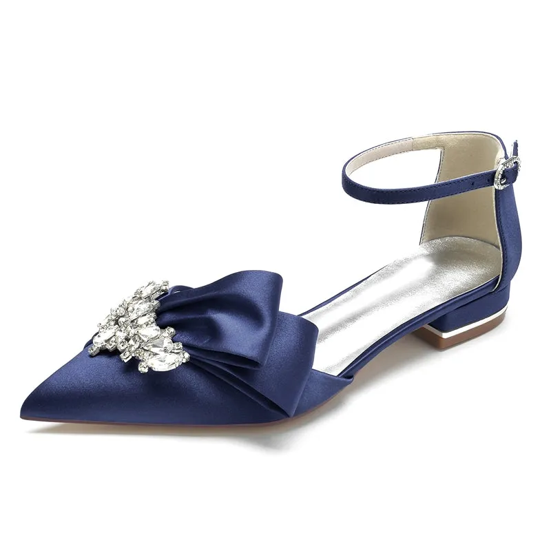 Women's Wedding Shoes Pointed Toe Flat Heel Buckle Elegant Bridal Shoes with Rhinestone & Ruffles