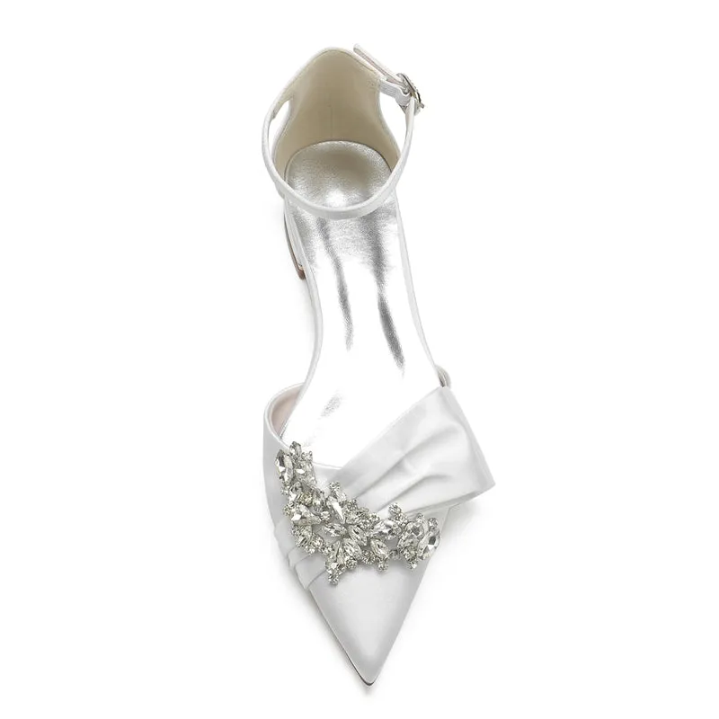 Women's Wedding Shoes Pointed Toe Flat Heel Buckle Elegant Bridal Shoes with Rhinestone & Ruffles
