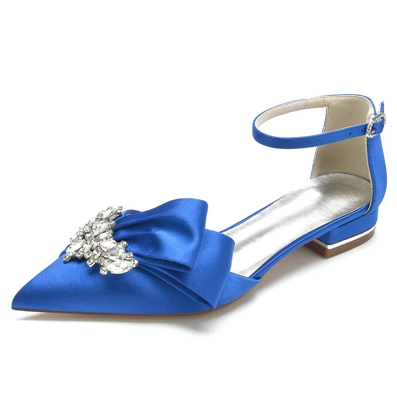 Women's Wedding Shoes Pointed Toe Flat Heel Buckle Elegant Bridal Shoes with Rhinestone & Ruffles