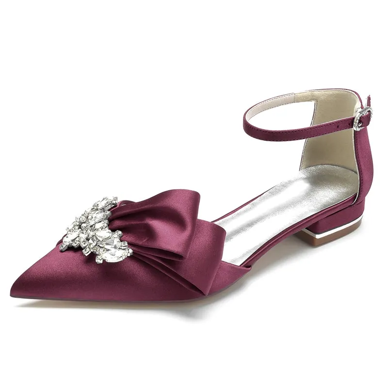 Women's Wedding Shoes Pointed Toe Flat Heel Buckle Elegant Bridal Shoes with Rhinestone & Ruffles