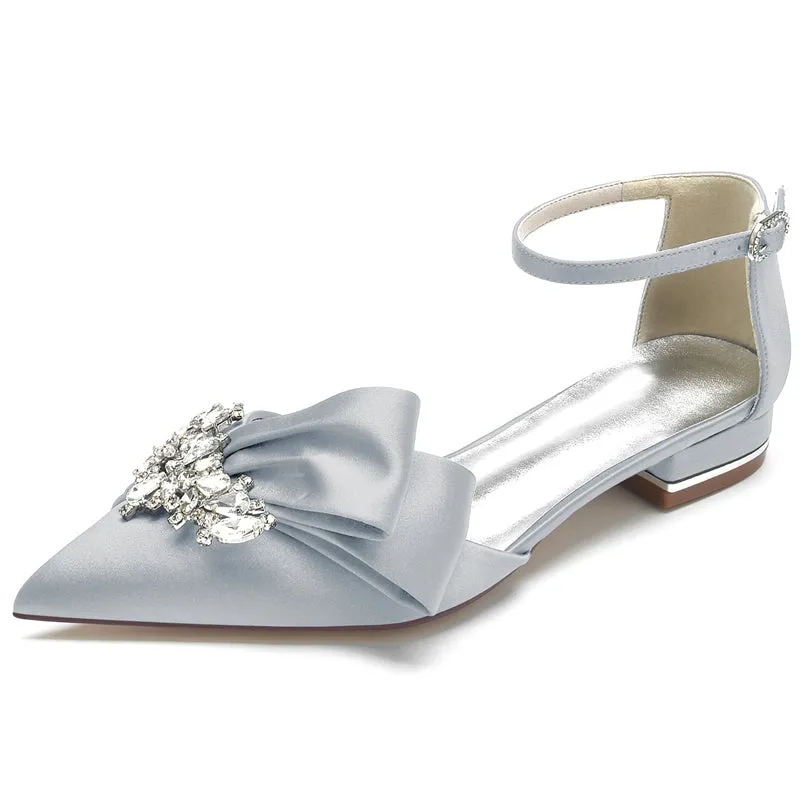 Women's Wedding Shoes Pointed Toe Flat Heel Buckle Elegant Bridal Shoes with Rhinestone & Ruffles
