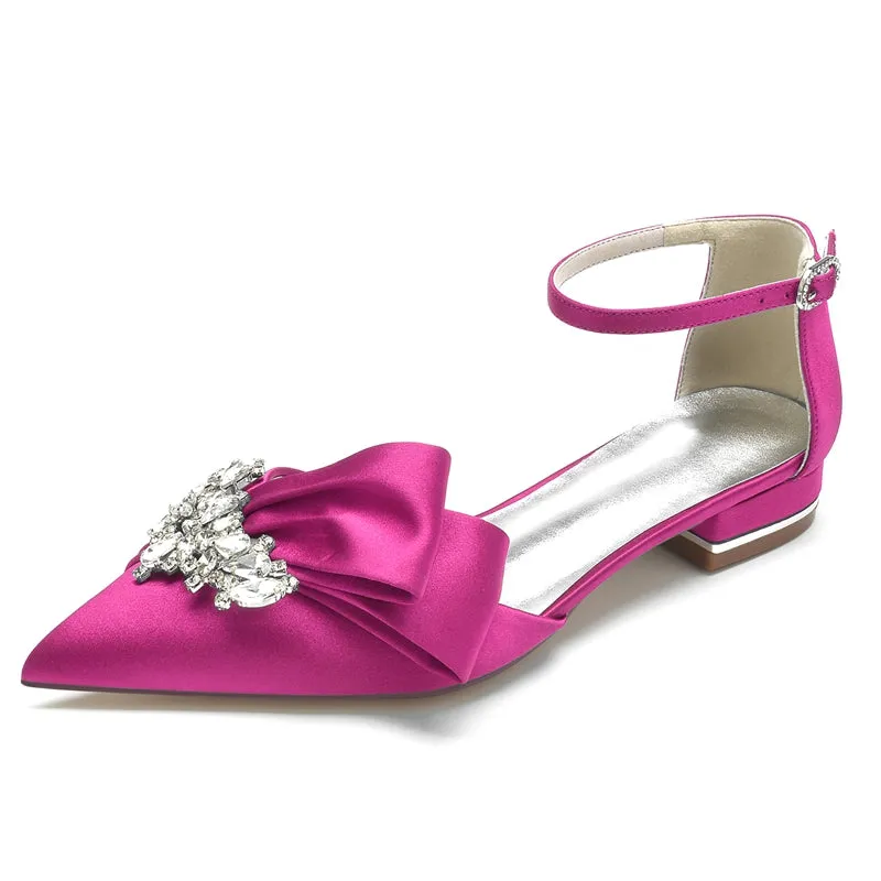 Women's Wedding Shoes Pointed Toe Flat Heel Buckle Elegant Bridal Shoes with Rhinestone & Ruffles