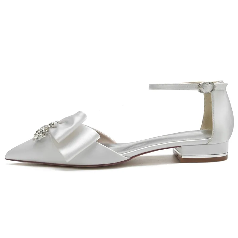Women's Wedding Shoes Pointed Toe Flat Heel Buckle Elegant Bridal Shoes with Rhinestone & Ruffles