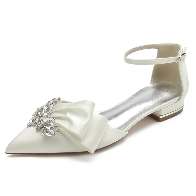 Women's Wedding Shoes Pointed Toe Flat Heel Buckle Elegant Bridal Shoes with Rhinestone & Ruffles