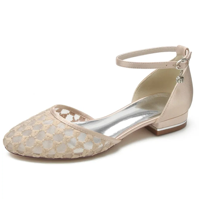 Women's Wedding Shoes Pointed Toe Flat Heel Retro Knitted Buckle Bridal Shoes