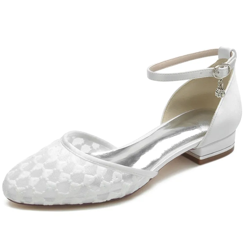 Women's Wedding Shoes Pointed Toe Flat Heel Retro Knitted Buckle Bridal Shoes