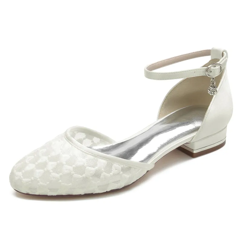 Women's Wedding Shoes Pointed Toe Flat Heel Retro Knitted Buckle Bridal Shoes