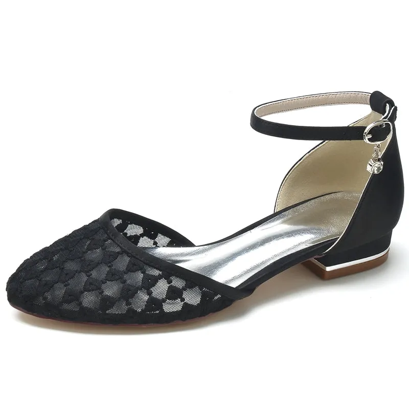 Women's Wedding Shoes Pointed Toe Flat Heel Retro Knitted Buckle Bridal Shoes