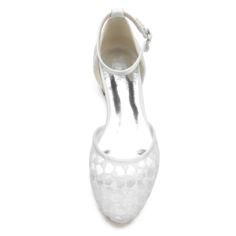 Women's Wedding Shoes Pointed Toe Flat Heel Retro Knitted Buckle Bridal Shoes