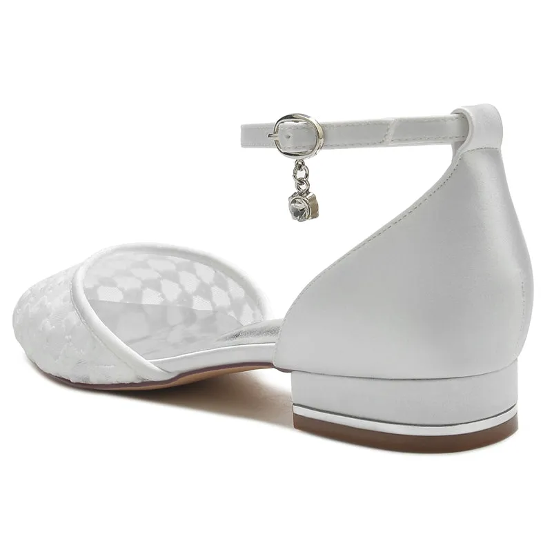 Women's Wedding Shoes Pointed Toe Flat Heel Retro Knitted Buckle Bridal Shoes