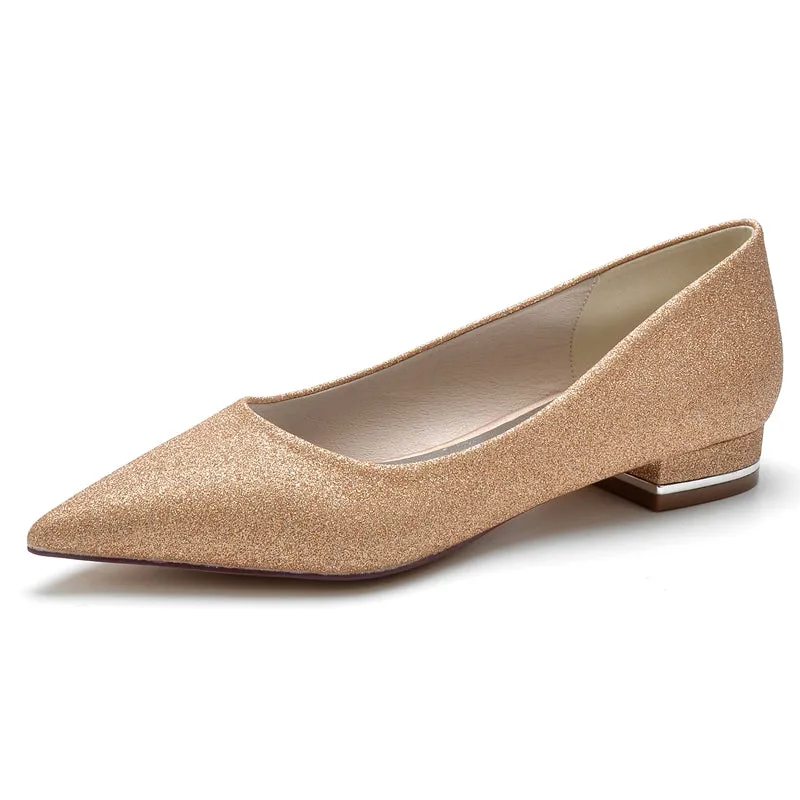 Women's Wedding Shoes Simple Sparkling Pointed Toe Flat Heel Bridal Shoes