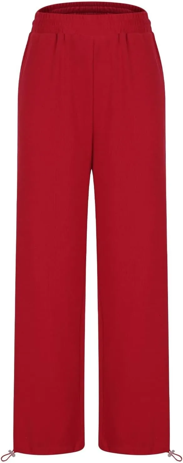 Women's Wide Leg Sweatpants 2025 Trendy Elastic Waist Pants Baggy Drawstring Athletic Fit Joggers Lounge Trousers