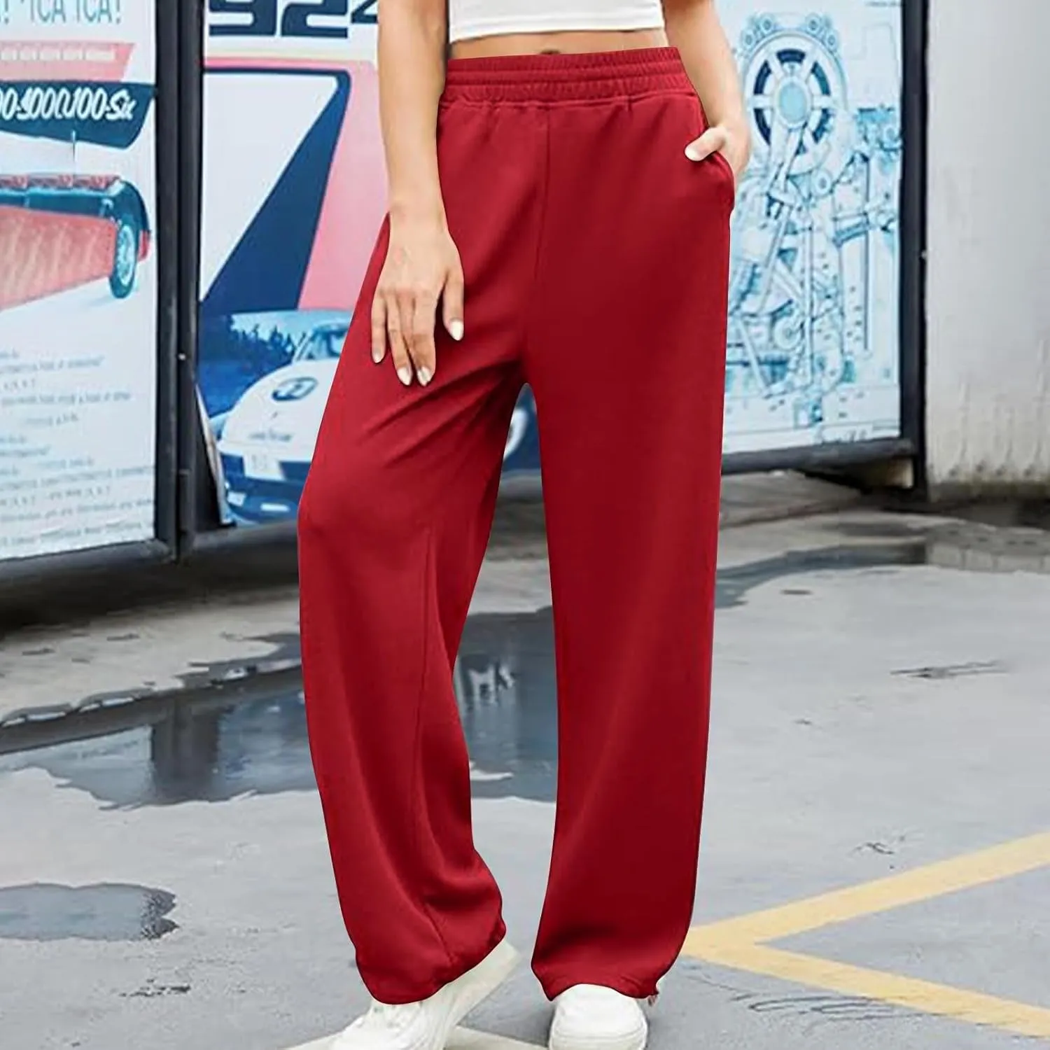 Women's Wide Leg Sweatpants 2025 Trendy Elastic Waist Pants Baggy Drawstring Athletic Fit Joggers Lounge Trousers