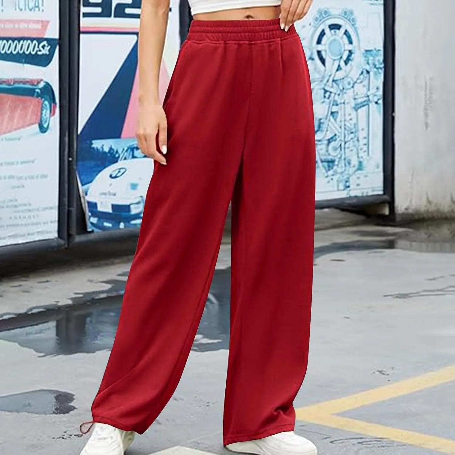 Women's Wide Leg Sweatpants 2025 Trendy Elastic Waist Pants Baggy Drawstring Athletic Fit Joggers Lounge Trousers