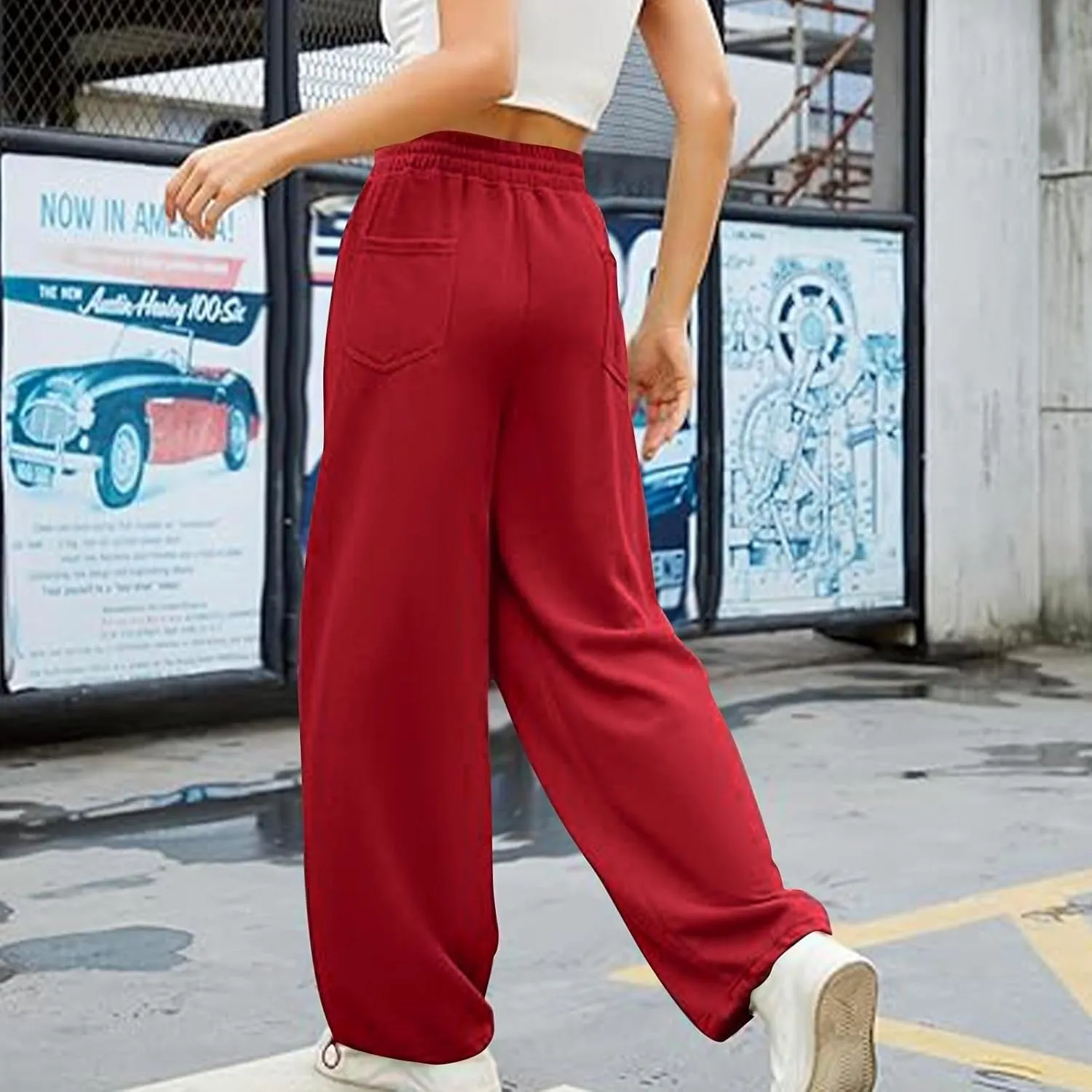 Women's Wide Leg Sweatpants 2025 Trendy Elastic Waist Pants Baggy Drawstring Athletic Fit Joggers Lounge Trousers