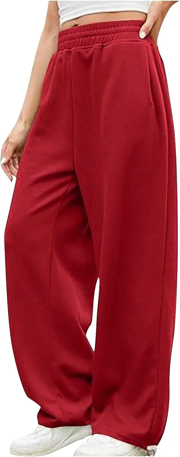 Women's Wide Leg Sweatpants 2025 Trendy Elastic Waist Pants Baggy Drawstring Athletic Fit Joggers Lounge Trousers