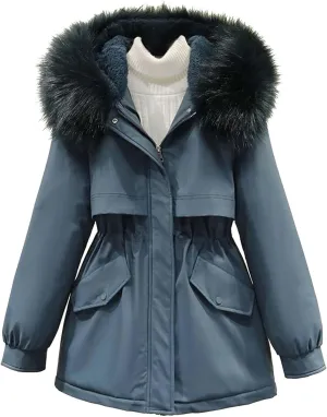Women's Winter Warm Thicken Sherpa Lined Trench Coat Windproof Faux Fur Fuzzy Waisted Soft Hooded Parka Coat Jacket