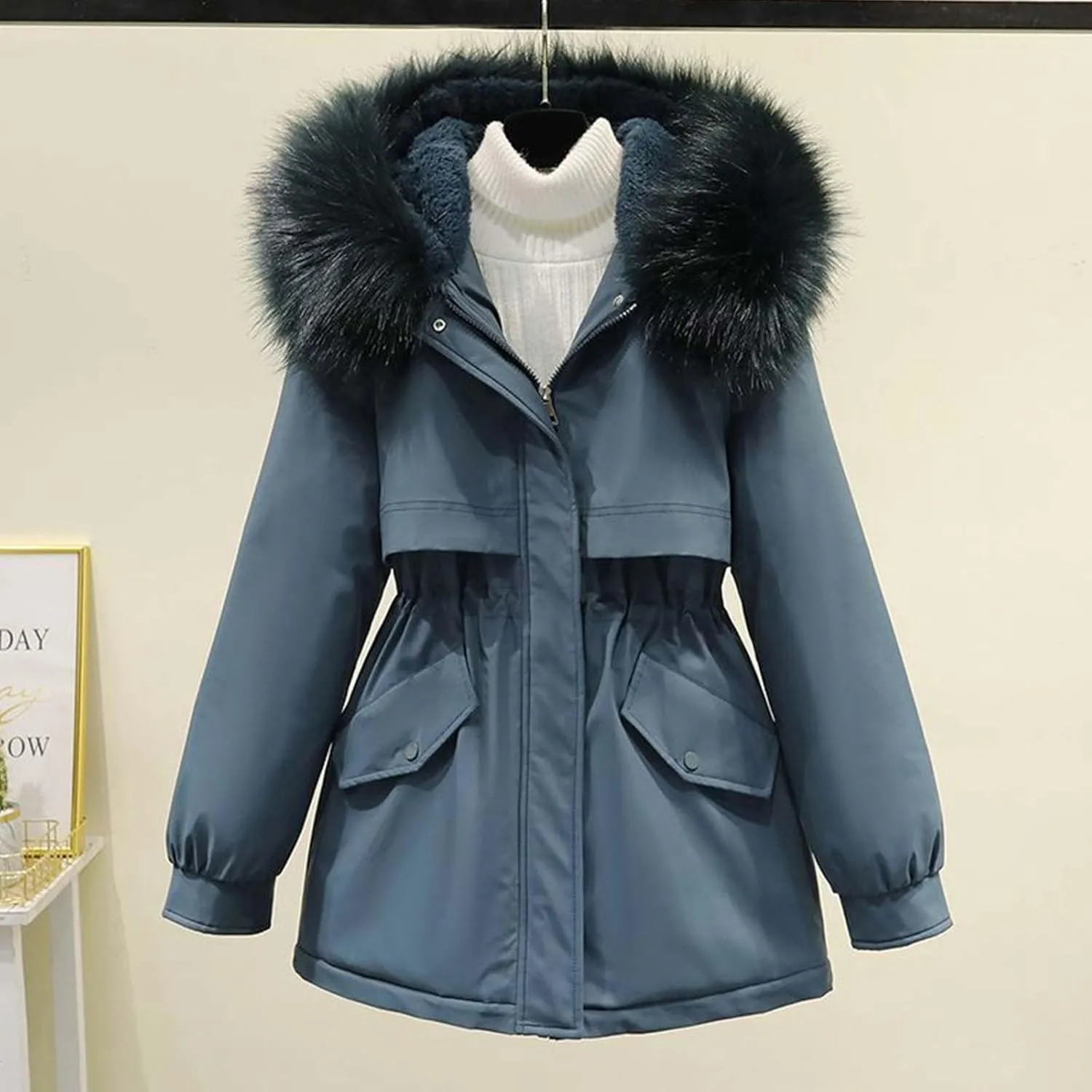 Women's Winter Warm Thicken Sherpa Lined Trench Coat Windproof Faux Fur Fuzzy Waisted Soft Hooded Parka Coat Jacket