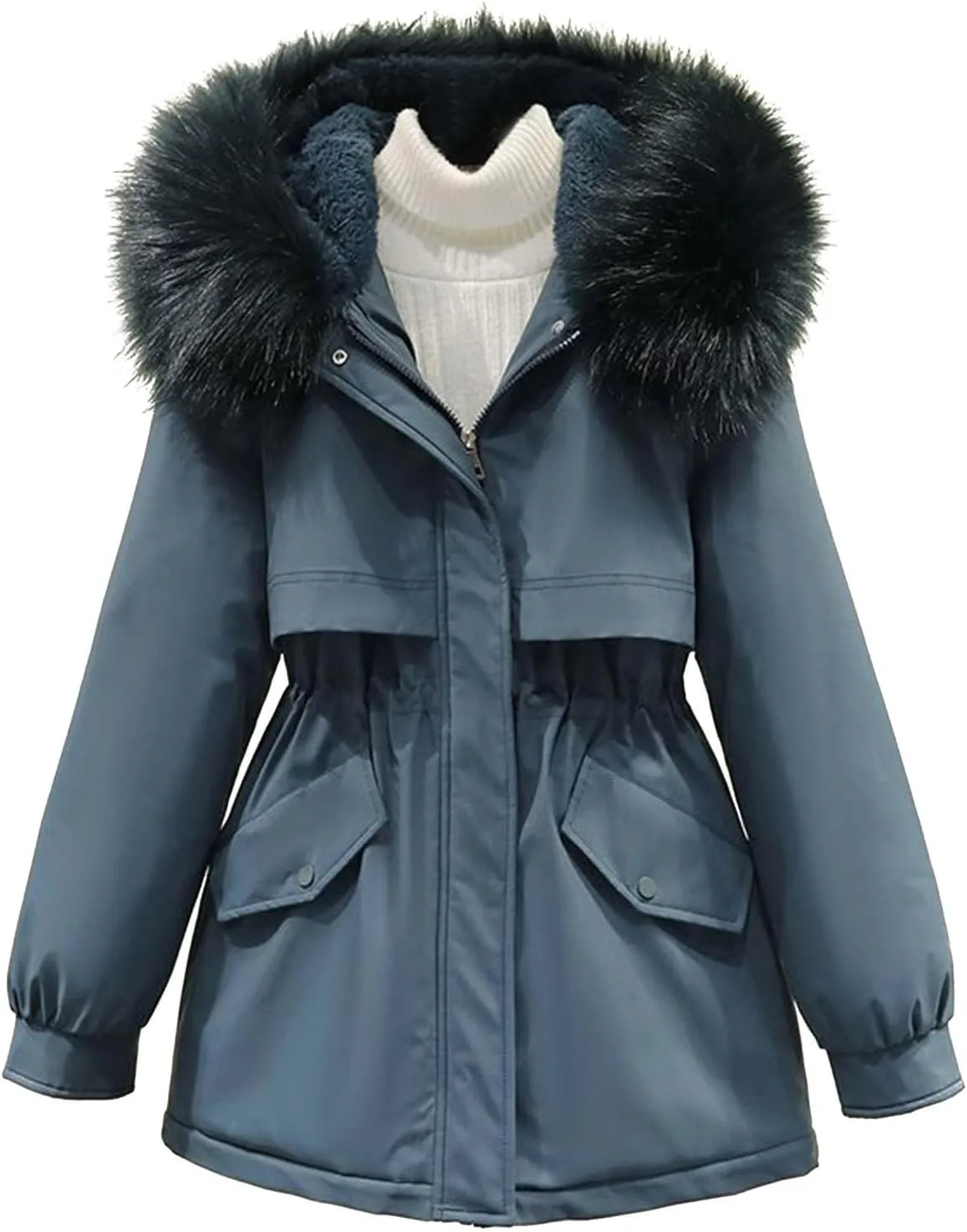 Women's Winter Warm Thicken Sherpa Lined Trench Coat Windproof Faux Fur Fuzzy Waisted Soft Hooded Parka Coat Jacket