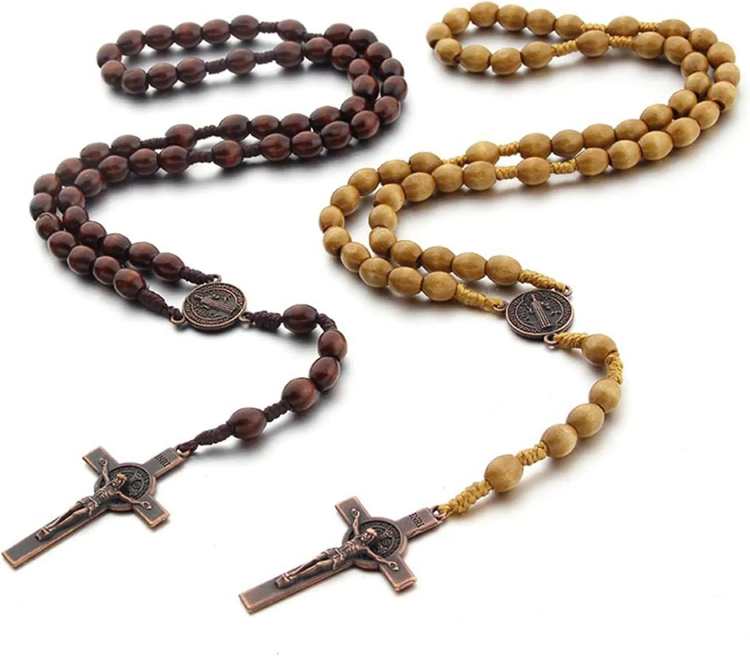 Wooden Beads Rosary Necklaces Religious Pendant Necklaces For Women Men Long Chain Jewelry