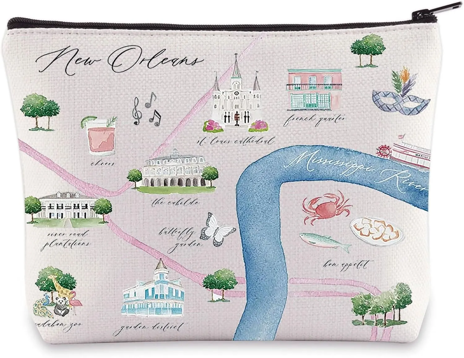 WZMPA New Orleans City Map Cosmetic Bag New Orleans Travel Souvenir Gift New Orleans Long Distance Relationship Makeup Zipper Pouch Bag For Family Friend (New Orleans)