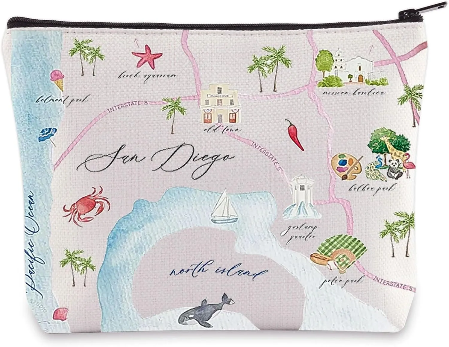 WZMPA San Diego City Map Cosmetic Bag Travel Souvenir Gift Long Distance Relationship Makeup Zipper Pouch for Family Friend