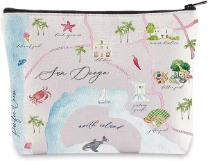 WZMPA San Diego City Map Cosmetic Bag Travel Souvenir Gift Long Distance Relationship Makeup Zipper Pouch for Family Friend
