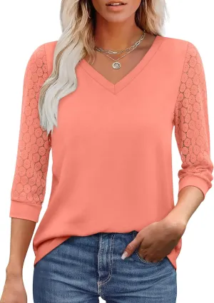 XIEERDUO 3/4 Length Sleeve Womens Tops V-Neck Lace Tunic Tops Business Casual Blouses 2025
