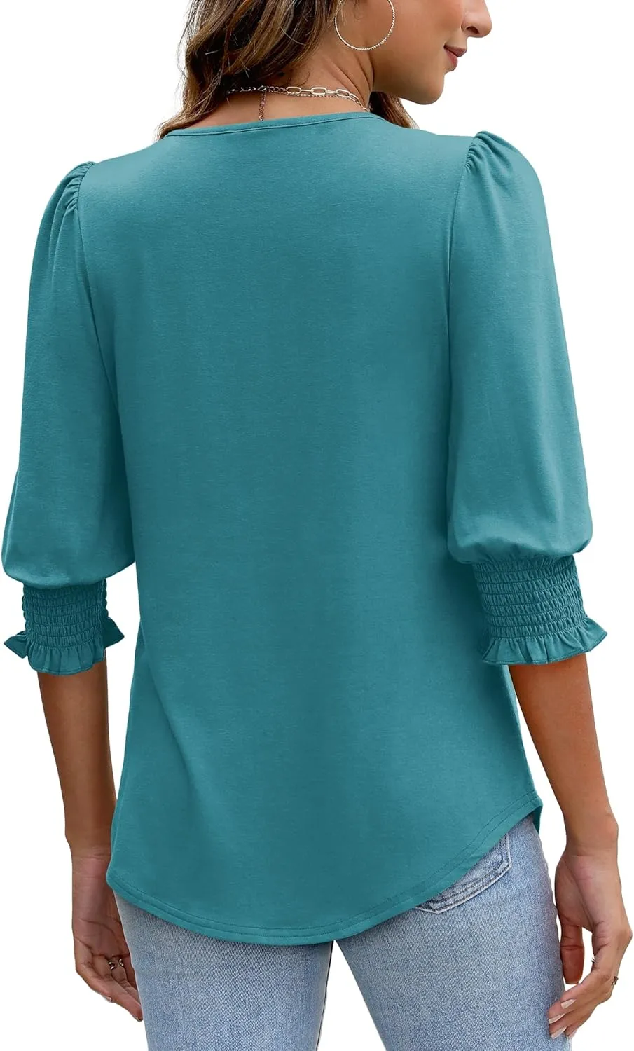 XIEERDUO Blouses for Women Dressy Casual 3/4 Length Sleeve Womens Tops with Smocked Cuffs