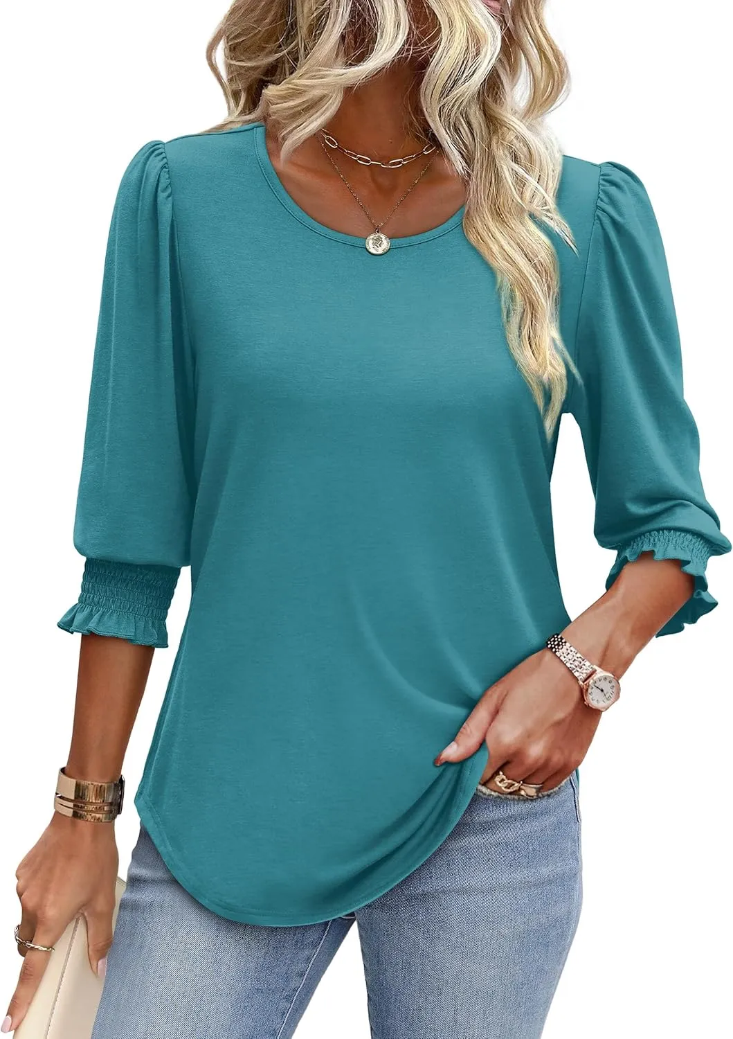 XIEERDUO Blouses for Women Dressy Casual 3/4 Length Sleeve Womens Tops with Smocked Cuffs