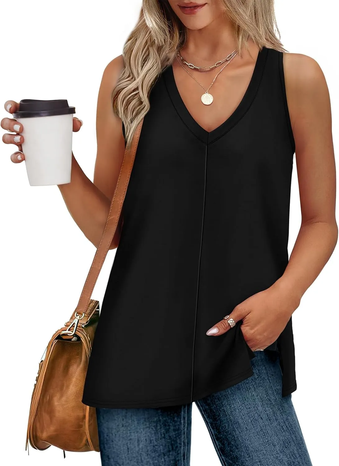 XIEERDUO Tank Tops for Women V Neck Summer Outfits Side Slit Sleeveless Shirts Loose Fit 2025 Fashion
