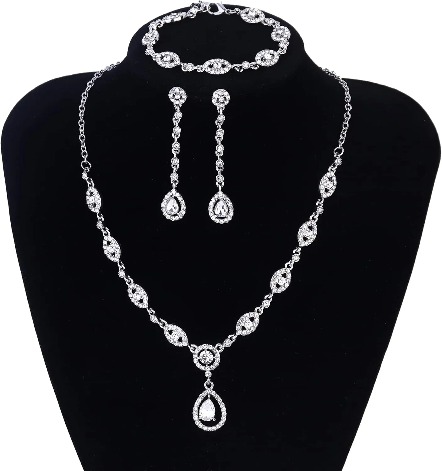 YADOCA Wedding Bridal Jewelry Set For Women Silver Prom Costume Jewelry Sets Rhinestone Crystal Teardrop Necklace Earrings Bracelet Bridesmaid Jewelry Accessories Blue Silver Red Rose Gold