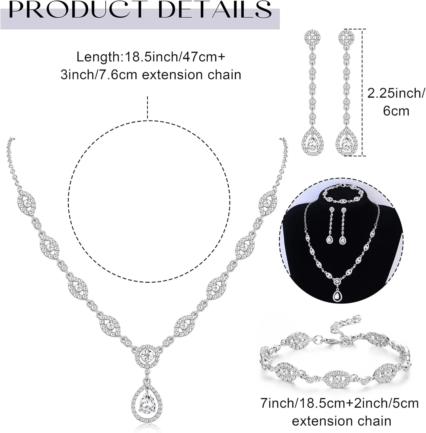 YADOCA Wedding Bridal Jewelry Set For Women Silver Prom Costume Jewelry Sets Rhinestone Crystal Teardrop Necklace Earrings Bracelet Bridesmaid Jewelry Accessories Blue Silver Red Rose Gold