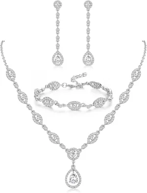 YADOCA Wedding Bridal Jewelry Set For Women Silver Prom Costume Jewelry Sets Rhinestone Crystal Teardrop Necklace Earrings Bracelet Bridesmaid Jewelry Accessories Blue Silver Red Rose Gold