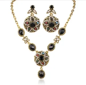 YAZILIND Retro Court Style Jewelry Set Vintage Ethnic Flower Pendant Necklace Drop Earrings Women Party Jewelry