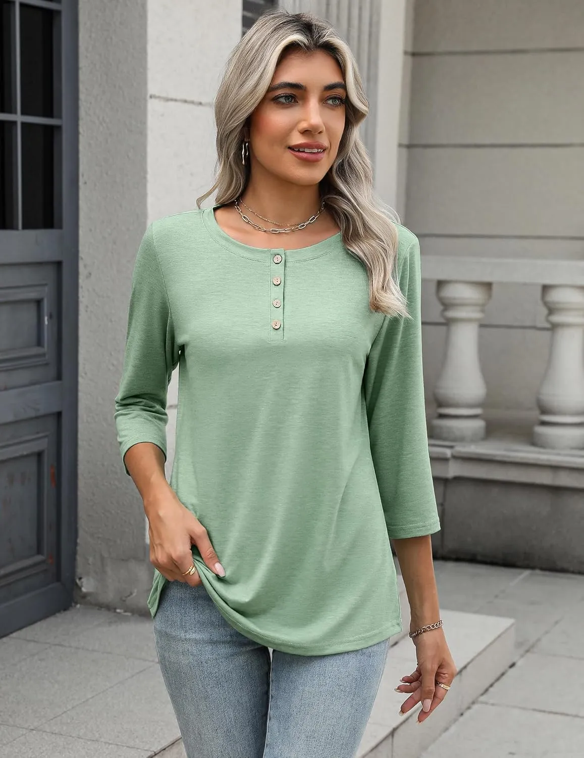 Zeagoo 3/4 Length Sleeve Women Tops Crew Neck Blouses Dressy Casual Summer T Shirts Loose Fit Business Work Clothes