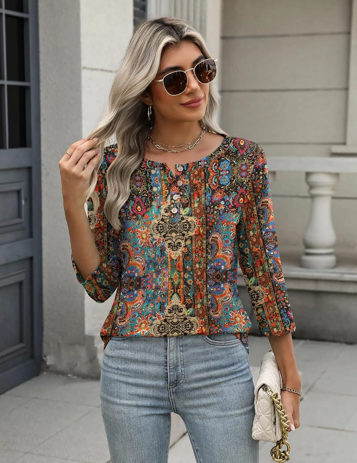 Zeagoo 3/4 Length Sleeve Women Tops Crew Neck Blouses Dressy Casual Summer T Shirts Loose Fit Business Work Clothes