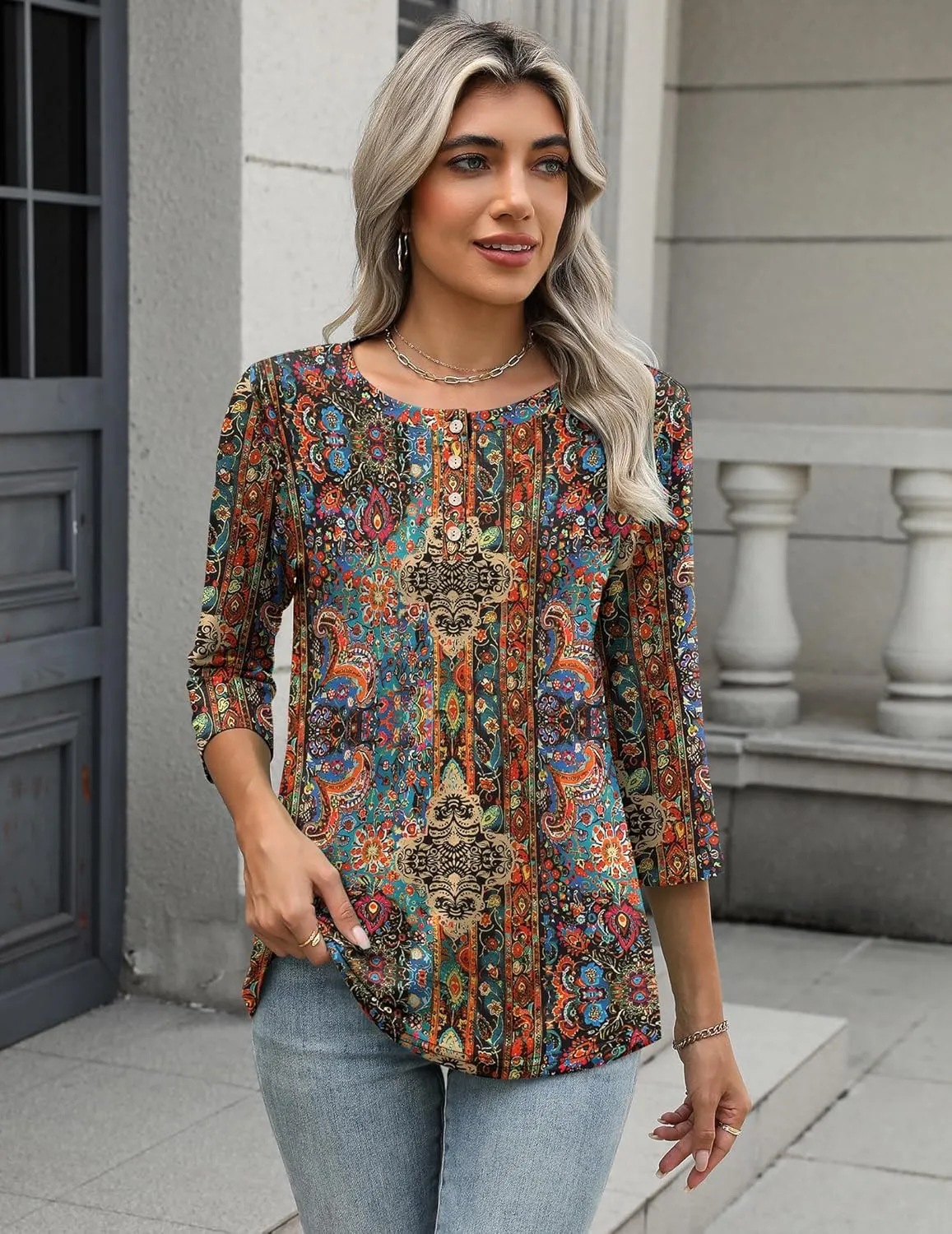 Zeagoo 3/4 Length Sleeve Women Tops Crew Neck Blouses Dressy Casual Summer T Shirts Loose Fit Business Work Clothes