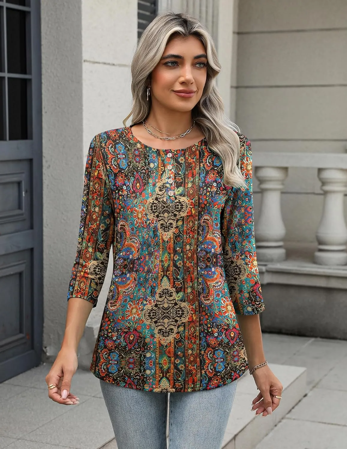 Zeagoo 3/4 Length Sleeve Women Tops Crew Neck Blouses Dressy Casual Summer T Shirts Loose Fit Business Work Clothes