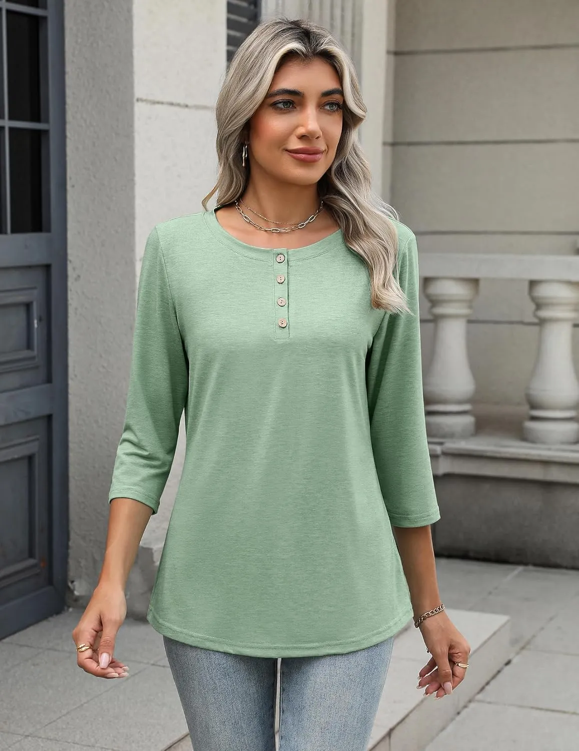 Zeagoo 3/4 Length Sleeve Women Tops Crew Neck Blouses Dressy Casual Summer T Shirts Loose Fit Business Work Clothes