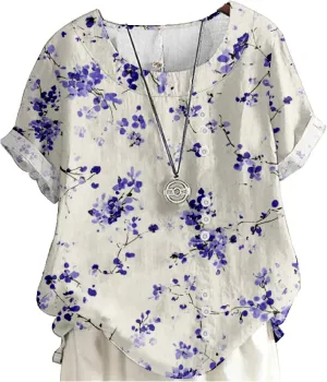 ZOCAVIA Women's Boho Floral Printed Linen Shirts Blouses Short Sleeve Casual Loose Plus Size Beach Vacation Tunic Tops