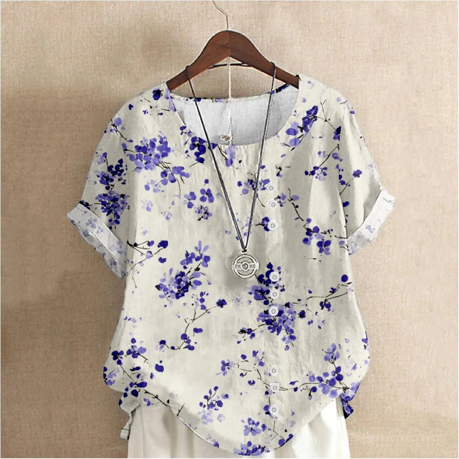 ZOCAVIA Women's Boho Floral Printed Linen Shirts Blouses Short Sleeve Casual Loose Plus Size Beach Vacation Tunic Tops