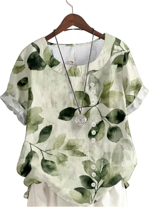ZOCAVIA Women's Boho Floral Printed Linen Shirts Blouses Short Sleeve Casual Loose Plus Size Beach Vacation Tunic Tops