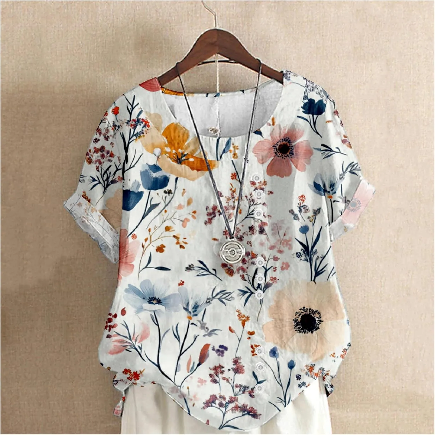 ZOCAVIA Women's Boho Floral Printed Linen Shirts Blouses Short Sleeve Casual Loose Plus Size Beach Vacation Tunic Tops