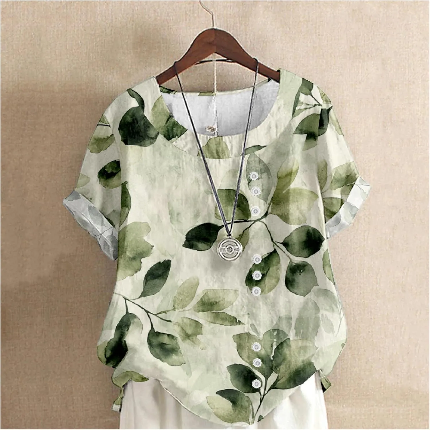ZOCAVIA Women's Boho Floral Printed Linen Shirts Blouses Short Sleeve Casual Loose Plus Size Beach Vacation Tunic Tops