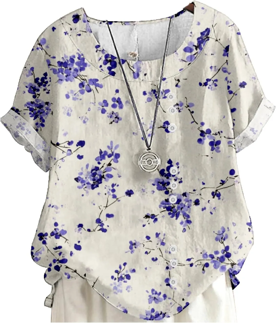 ZOCAVIA Women's Boho Floral Printed Linen Shirts Blouses Short Sleeve Casual Loose Plus Size Beach Vacation Tunic Tops