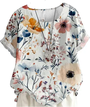 ZOCAVIA Women's Boho Floral Printed Linen Shirts Blouses Short Sleeve Casual Loose Plus Size Beach Vacation Tunic Tops