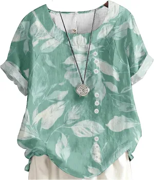 ZOCAVIA Women's Boho Floral Printed Linen Shirts Blouses Short Sleeve Casual Loose Plus Size Beach Vacation Tunic Tops