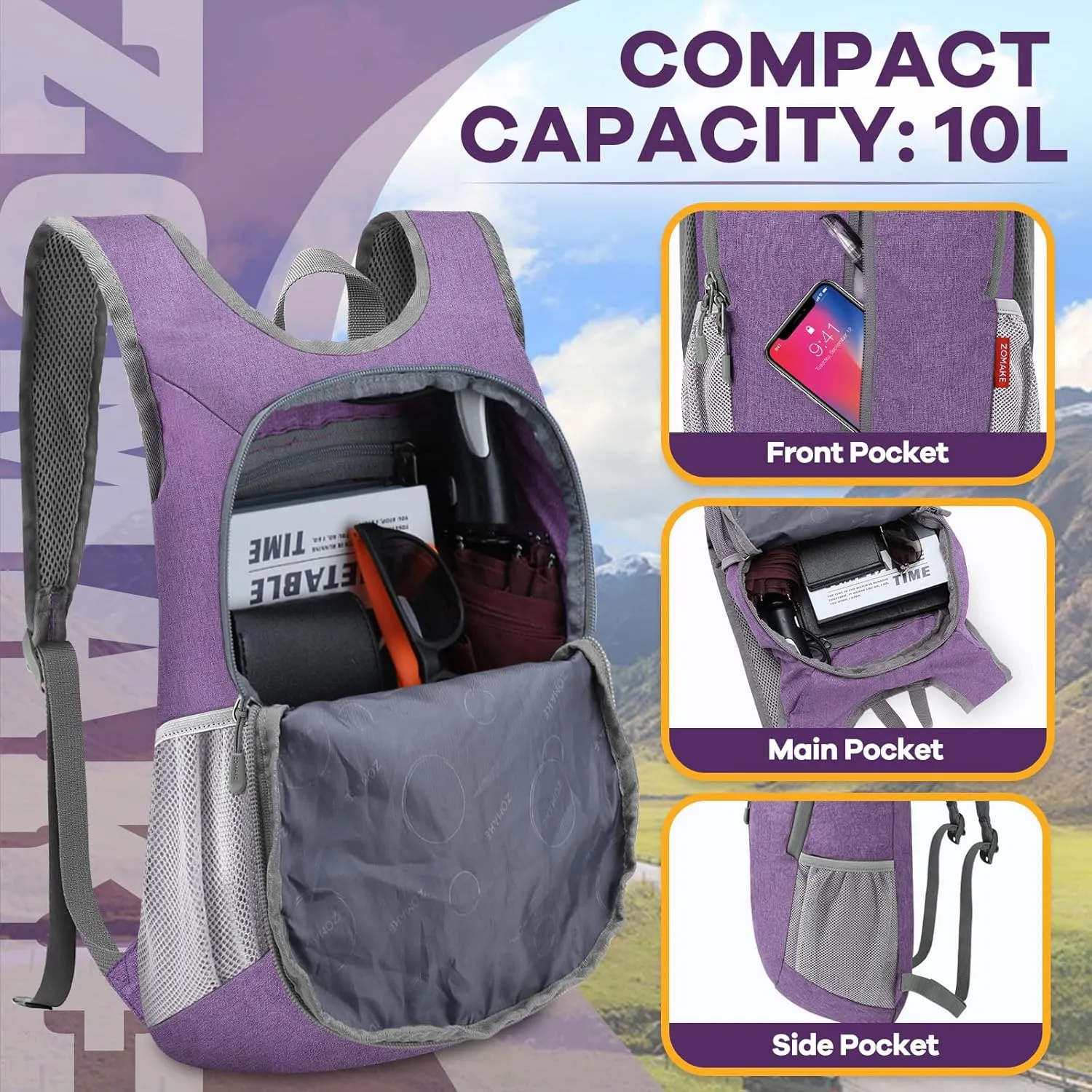 ZOMAKE 10L Ultra Lightweight Packable Backpack, Small Daypack Light Foldable Backpacks Water Resistant Day Bag for Hiking(Light Purple)